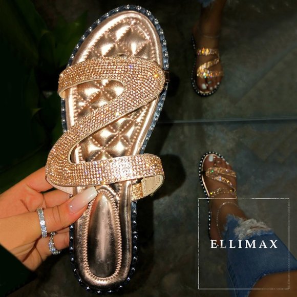 Wild Diva Shoes - NEW🔥 Rose Gold Rhinestone Slide Sandal Flip Flops